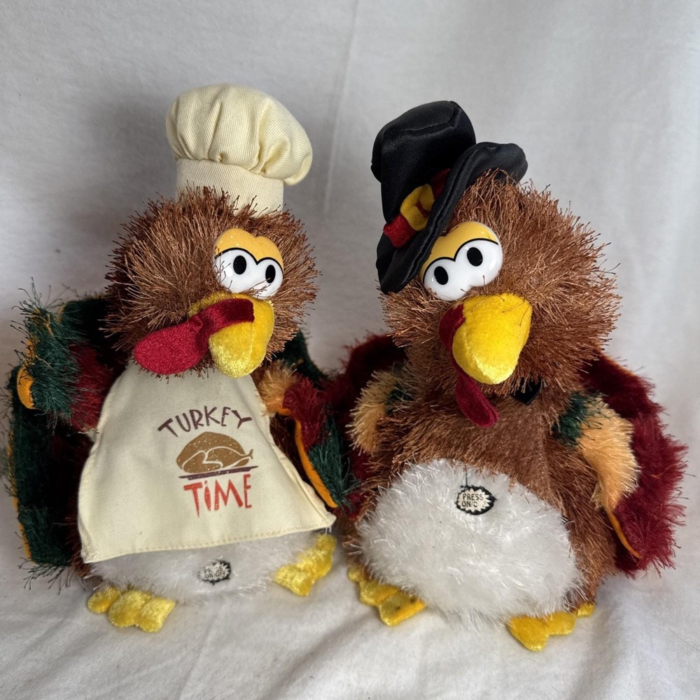 2 Animated 10" Dan Dee Plush Thanksgiving Turkey Sing, Dance Fully Tested Works